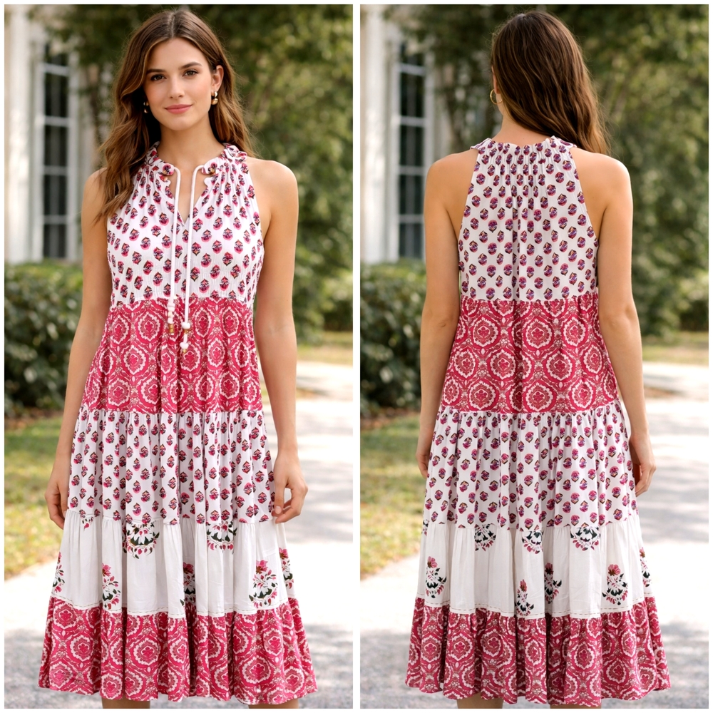 Chelsea & Theodore White and Pink Tiered Midi Dress